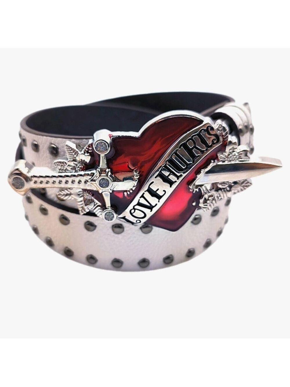 “Love Hurts" Engraved Belt - Gleaming Heart & Sword Design XL/2XL 47”